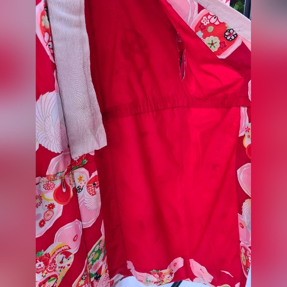 Vintage red japanese kimono, floral crane print, red pink green, handmade - Picture 6 of 14